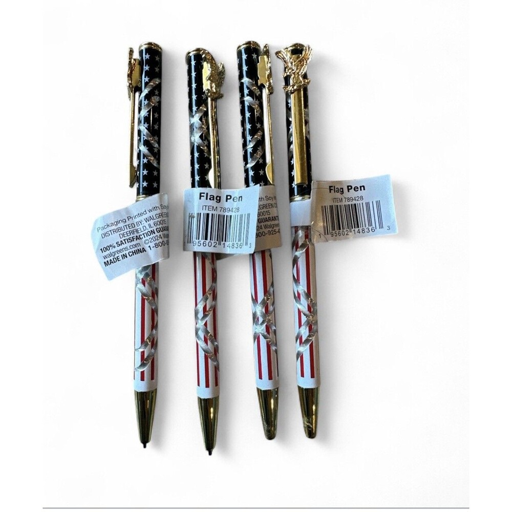 NEW Lot of 4 Patriotic Flag USA Pens Black Ink Eagle Accent Red White Blue